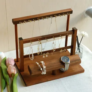 Premium Solid Wood Jewelry Display Rack Tiered Metal Hooks Necklace Organizer Stand Wooden Watch Bracelet Storage Holder Base