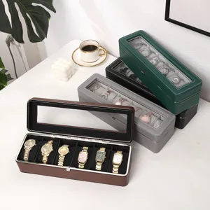 Boîte de Rangement pour Montres à Cadre Métallique 6 Emplacements Organisateur de Montres en Cuir Avec Fenêtre Transparente Boîtier Antipoussière pour Montres Bijoux Cadeau