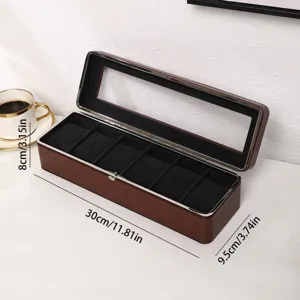 Dimensions de la boîte à montres marron à 6 fentes avec couvercle en verre.