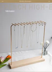 Solid wood and gold metal jewelry display stand for necklaces and bracelets