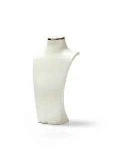Close-up of white brushed leather necklace display bust with elegant gold metal trim
