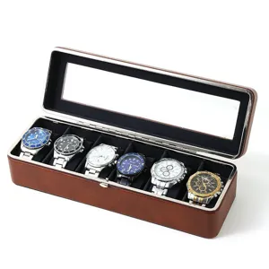 Boîte à montres marron haut de gamme à 6 compartiments avec bordure en métal et couvercle