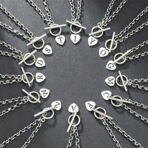 Silver toggle clasp necklace with engraved letter heart pendant fashion clavicle chain jewelry