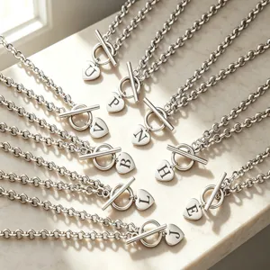 Silver toggle necklace with heart letter pendant fashion clavicle chain versatile jewelry