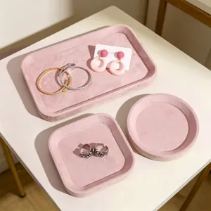 Roze Fluwelen Sieraden Display Dienblad MDF Flocking Accessoire Organizer Voor Ringen Oorbellen Armband Opbergblad Voor Dames Sieradencollectie
