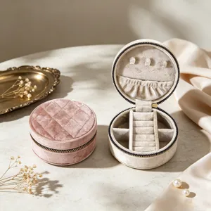 Round Velvet Quilted Jewelry Box For Women Travel Portable Jewelry Case For Necklaces Earrings Rings Jewelry Storage Organizer Case