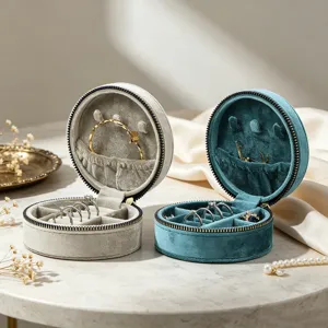 Round velvet travel jewelry box organizers in gray and teal displayed on marble