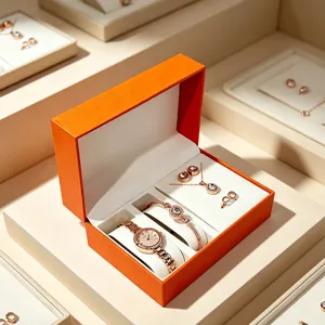 Caja de almacenamiento de relojes y joyas de cuero PU naranja premium, set de regalo de 5