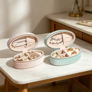 Draagbare Fluweel Sieradendoos Koreaanse Stijl Ovale Sieraden Opbergkoffer Met Metalen Rits Compact Ring Oorbel Ketting Reizen Organizer Tas