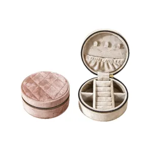 Portable round velvet jewelry box with quilted lid for travel jewelry storage organizer