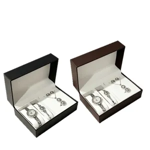 Elegante juego de caja regalo para joyas de cuero PU con reloj collar y pulsera