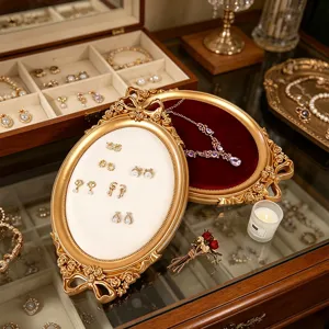 Sierlijke gouden sieradendisplays met strikpatroon voor een verfijnde productpresentatie