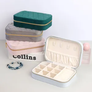 Portable velvet jewelry organizer with multiple compartments and quilted stitch design