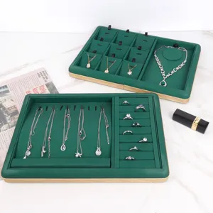 Premium green PU leather jewelry display trays for rings necklaces and bracelets