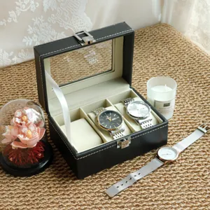Detail view of a three-slot black PU leather watch display case with plush pillows