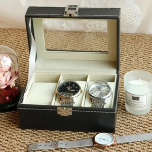 Elegant 3-slot black leather watch storage box with glass window lid in lifestyle setting