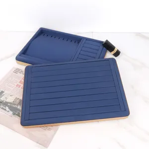 Blue PU leather jewelry tray set with gold frame for rings and bracelets display