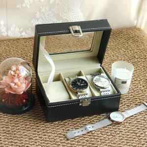 Detail view of a 3-slot leather watch organizer box with glass lid and velvet lining