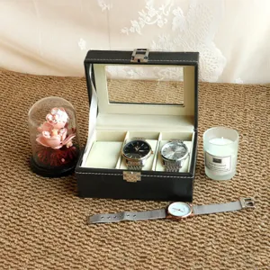 Premium black leather watch storage box with glass lid and elegant display props