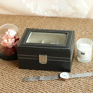 Luxury black leather watch storage box with transparent display window and white stitching