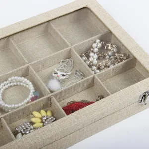 Organizer per gioielli in lino premium con coperchio trasparente e scomparti multipli