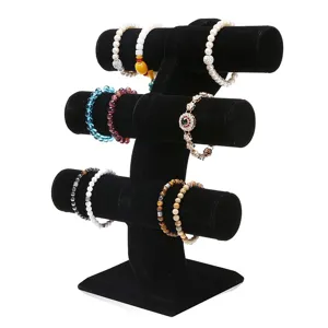 3 Tier Velvet T-Bar Jewelry Display Stand Bracelet Bangle Watch Organizer MDF Jewelry Holder For Store Counter Home Decor