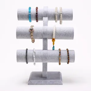 Professional grey velvet 3-tier jewelry display stand for bracelets and watches storage