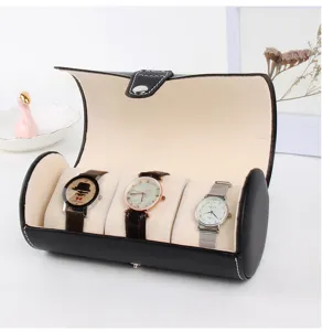 Professional detailed view of a 3-slot PU leather watch travel case with velvet lining