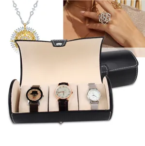 Detail of a 3-slot black PU leather watch travel roll with watches and white stitching.