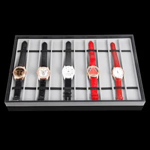 Black 10-grid watch display tray with soft lining and elastic straps