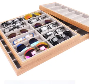 Profi-Brillen-Display-Tablett aus Holz mit 18 Fächern und grauem Samtfutter für Brillen
