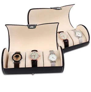 Portable black PU leather watch roll case travel storage box with 3 slots and soft cushions