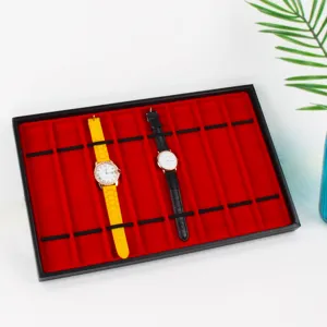 10-slot black watch display tray with vibrant red velvet lining and elastic straps