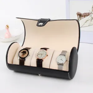 Portable 3-slot black PU leather watch roll travel storage case for men watches