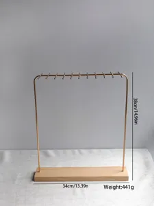 Large solid wood necklace display stand with gold metal frame and 12 hanging hooks for jewelry