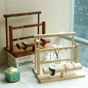 Solid wood tiered jewelry display stands for necklaces, watches and bracelets