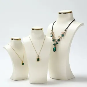 Set of 3 elegant white brushed leather necklace display busts for jewelry counter presentation