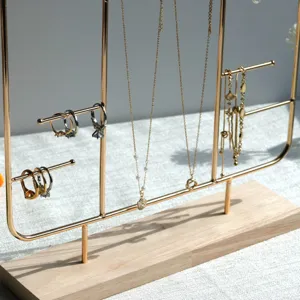 Nordic style wood and gold metal jewelry stand for earrings and necklaces