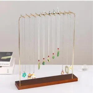 Large Wooden Necklace Display Stand With Gold Metal Hooks Jewelry Organizer For Bracelets And Sweaters Chain Display Holder