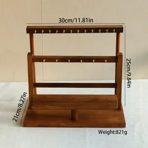Detailed dimensions and weight of walnut wood jewelry storage rack with hooks.