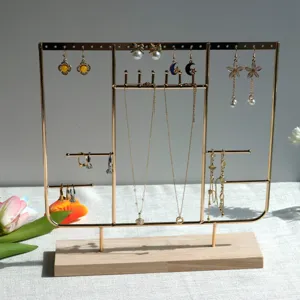 Solid wood and metal jewelry display stand for earring and necklace storage