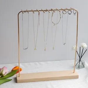 Large solid wood and gold metal necklace display stand for necklaces and bracelets with hooks