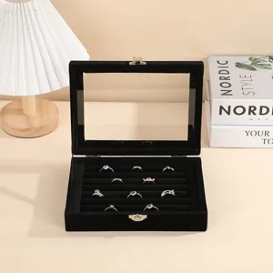 Portagioie in Velluto Premium con Coperchio in Vetro Grande Capacità Custodia per Anelli Orecchini Organizzatore per Gioielli con Fermaglio in Metallo per Donna