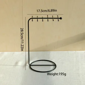 Minimalist black iron necklace stand showing dimensions 17.5x28.5cm and 195g weight
