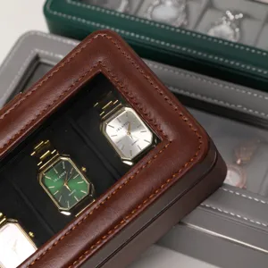 Gros plan détaillé d'une boîte de rangement de montre en cuir marron avec fenêtre de vue