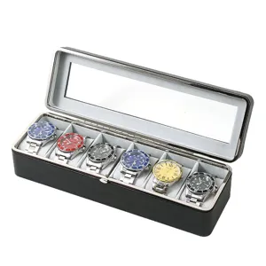 Élégant coffret noir pour 6 montres avec cadre en métal et fermeture à bouton-pression