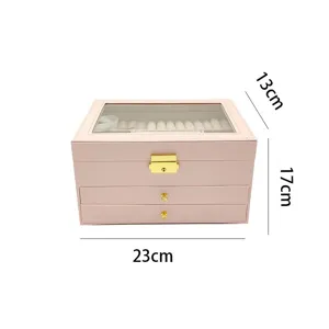 Elegante portagioie in pelle rosa a 3 livelli con coperchio in vetro, 23x13x17cm