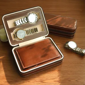 Premium brown leather watch travel case with double slot storage and smooth zipper closure