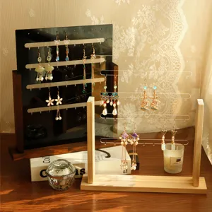 Vertical solid wood earring display stand with clear and black acrylic boards for jewelry