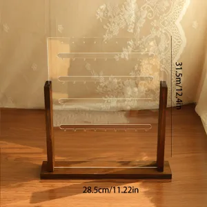 Detailed dimension view of the wooden earring display stand with clear acrylic board